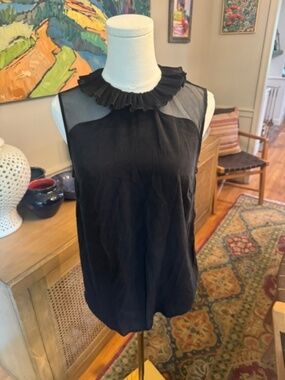 Sandro Paris Black Sheer Mesh Pleated Ruffle Collar Sleeveless Top Size S